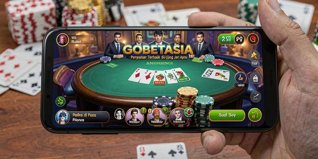 Screenshot utama GOBETASIA menampilkan momen mendebarkan di meja poker.