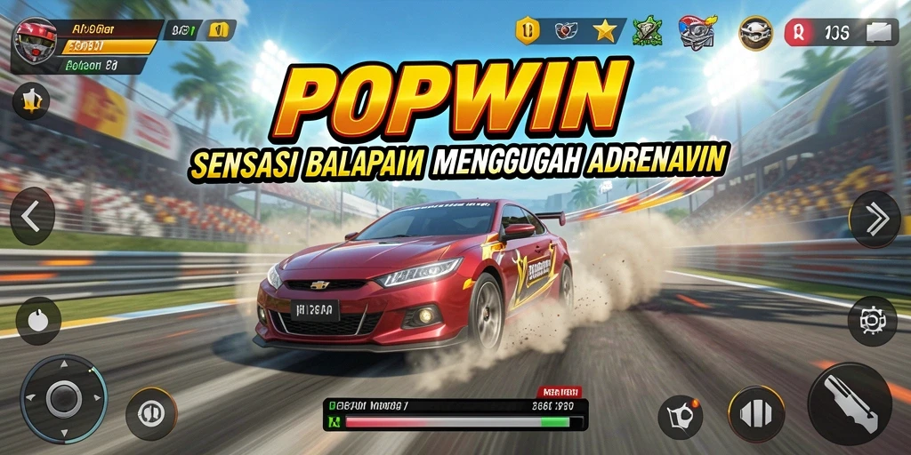 Screenshot utama POPWIN menunjukkan serunya balapan di trek yang menantang.