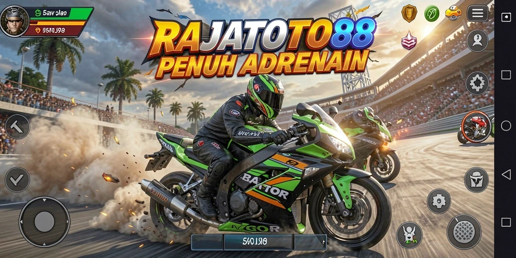 Tampilan gameplay menegangkan RAJATOTO88 saat balapan motor di trek cepat.